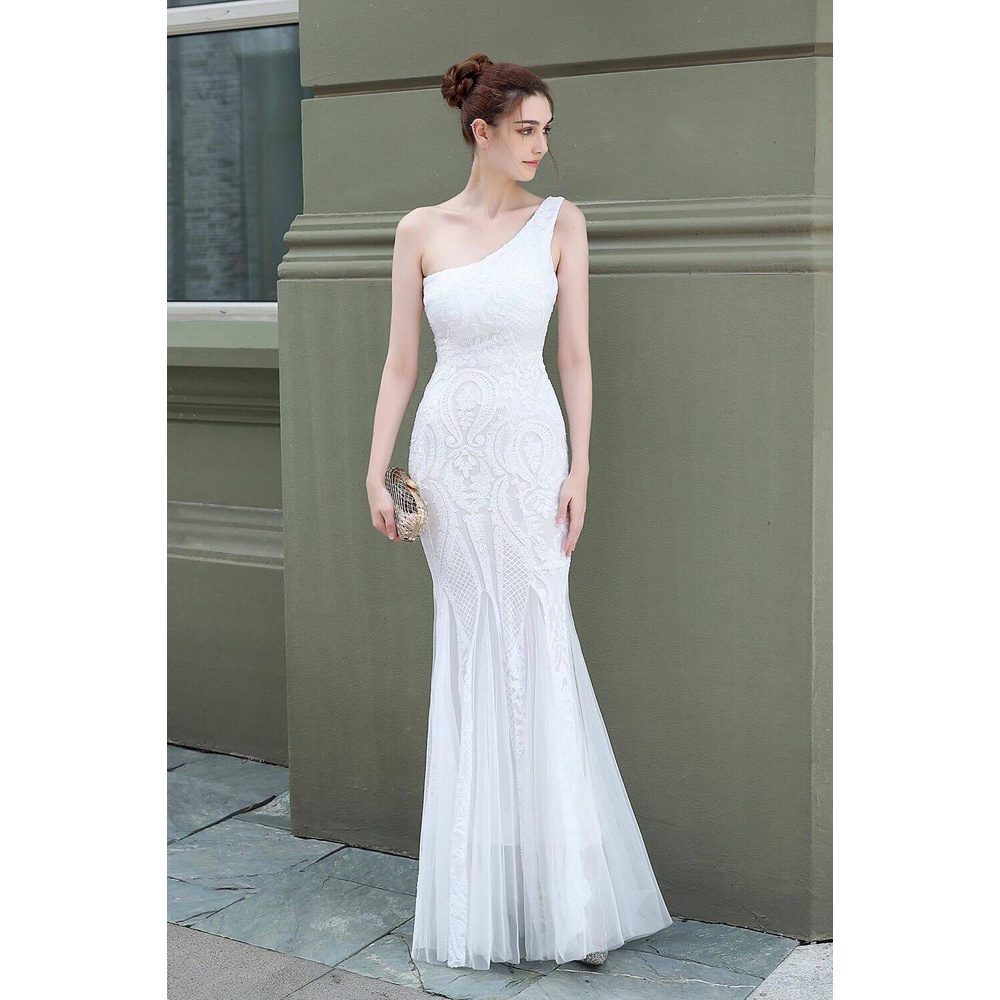 One Side Shoulder Sequins Mermaid Evening Gown (White) (Made To Order)