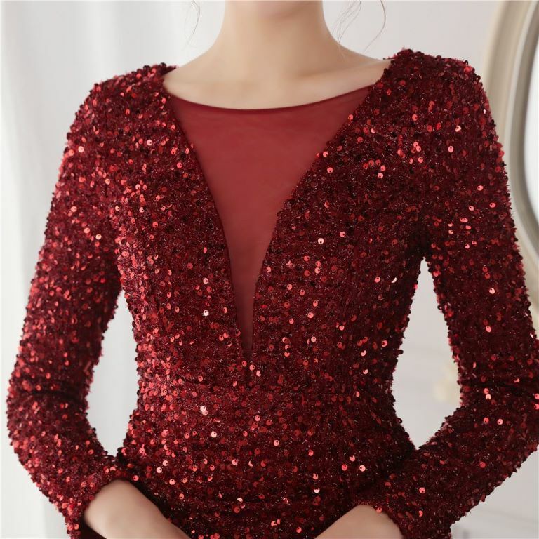 Long Sleeve Illusion V-Neck Evening Gowns (Maroon) (Made To Order)