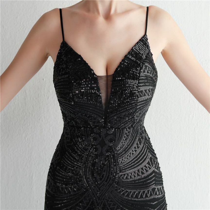 Low Back Spaghetti Mermaid Evening Gown (Black) (Made To Order)