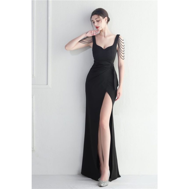 Fashion Sleeve on Sweetheart Neckline With High Slit Evening Gown (Black) (Made To Order)
