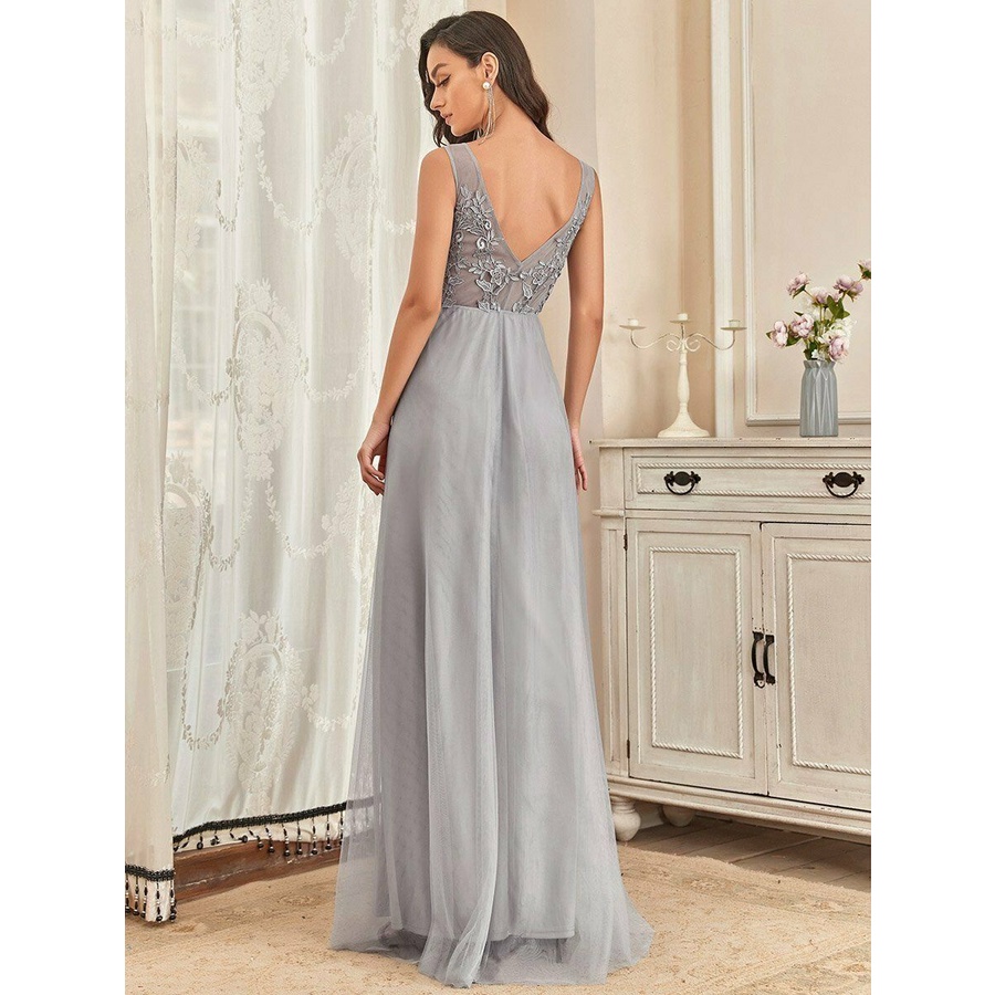 Floral Lace Illusion V-neck Long Maxi Evening Dresses (Grey) (Retail)