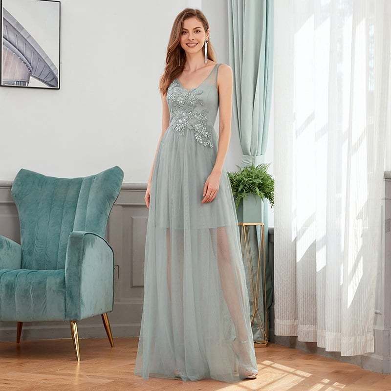 Classy V-neck Tulle See-through Evening Dresses (retail)
