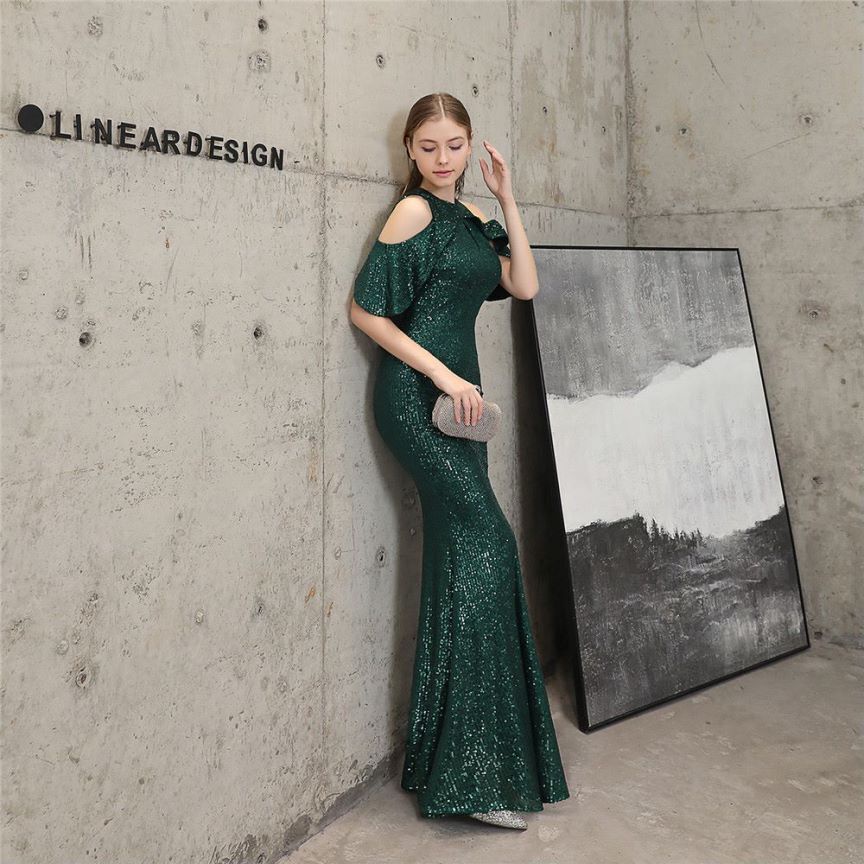 Cold Shoulder Sequins Mermaid Evening Gown (Green) (Made To Order)