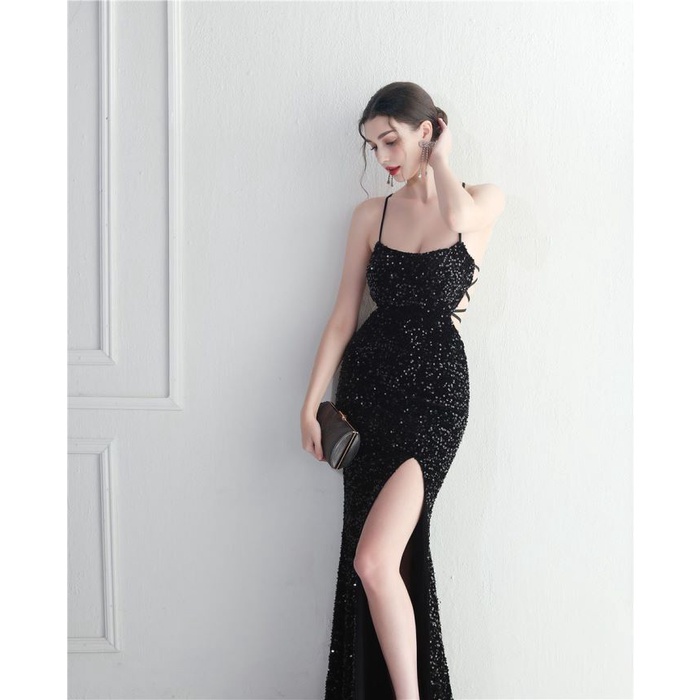 Back Cross String Sequins With Slit Evening Gown (Black) (Made To Order)