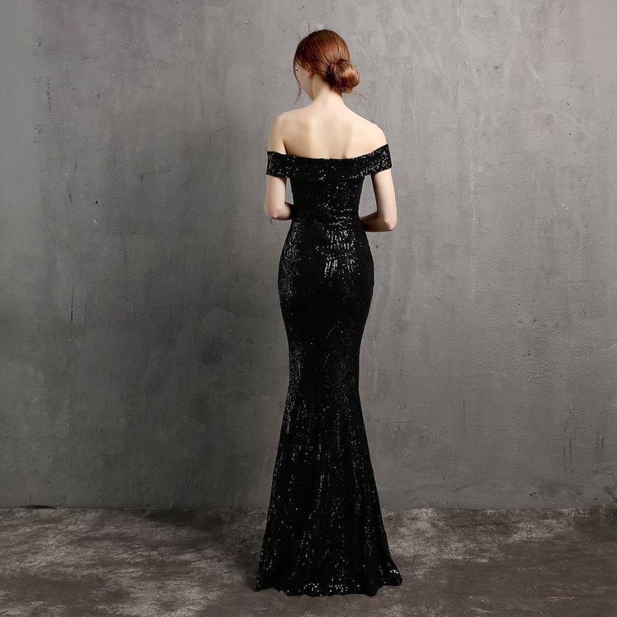 Off Shoulder Sequins High Slit Evening Gown (Black) (Retail)