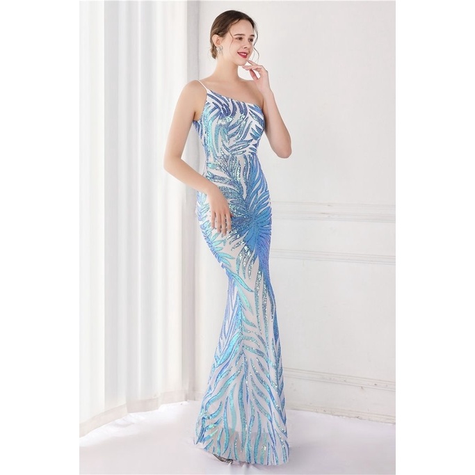 One Side Sling Shoulder Sequins Mermaid Gown (Blue) (Retail)