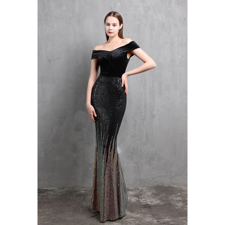Off Shoulder Sequins Two Tone Mermaid Evening Gown (Black) (Made To Order)