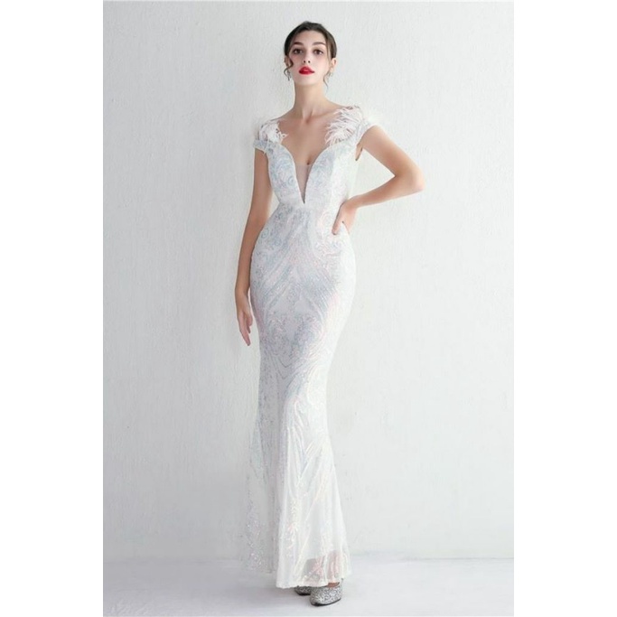 Elegant Off Shoulder Feather Mermaid Evening Gown (White) (Made To Order)