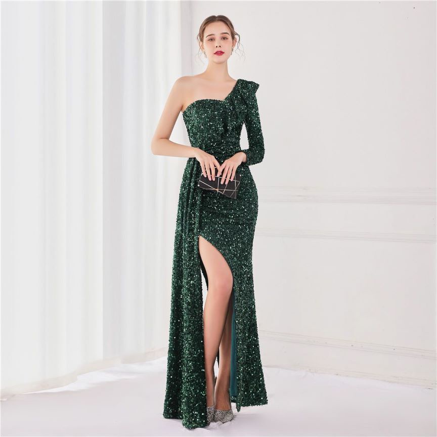 Ruffles One Side Long Sleeve Sequins Evening Gown (Green) (Made To Order)