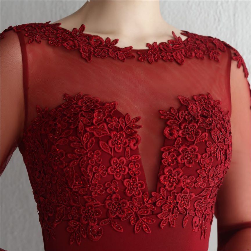 Elegant Long Sleeve Lace Mermaid Evening Gown (Maroon) (Retail)