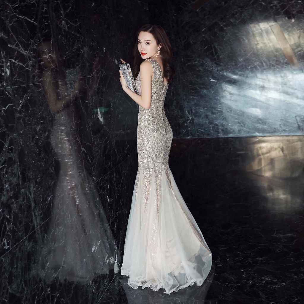 Elegant V-Neck Sequins Mermaid Gown (Rose Gold) (Retail)