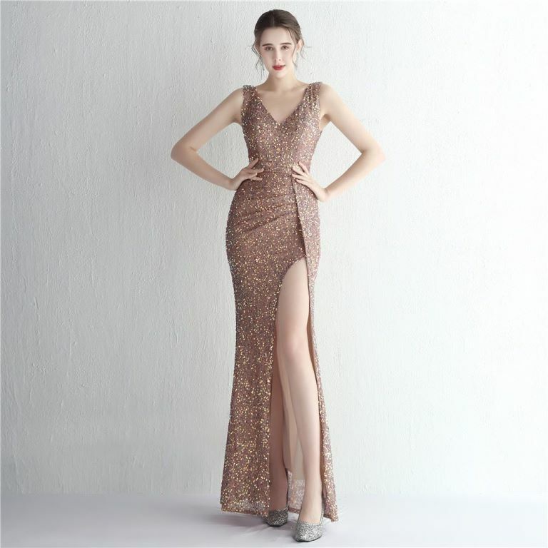 Sleeveless V-Neck Overlap Slit Evening Gown (Gold) (Made To Order)