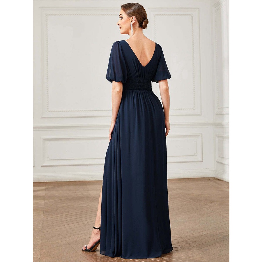 Puffy Sleeves With High Slit Evening Dress (Navy Blue) (Made To Order)