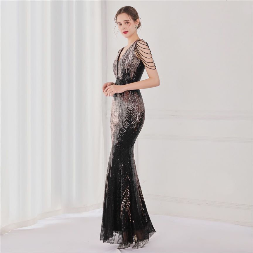 Fashion Crystal Sequins Duo Tone Mermaid Evening Gown (Black Gold) (Retail)