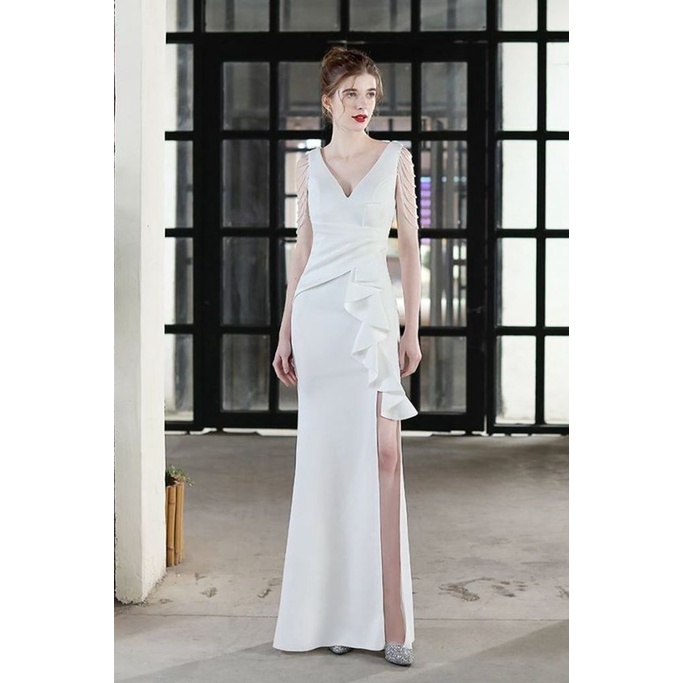 Beads Sleeve V-Neck Ruffles One Side Fitted Dinner Gown (White) (Made To Order)