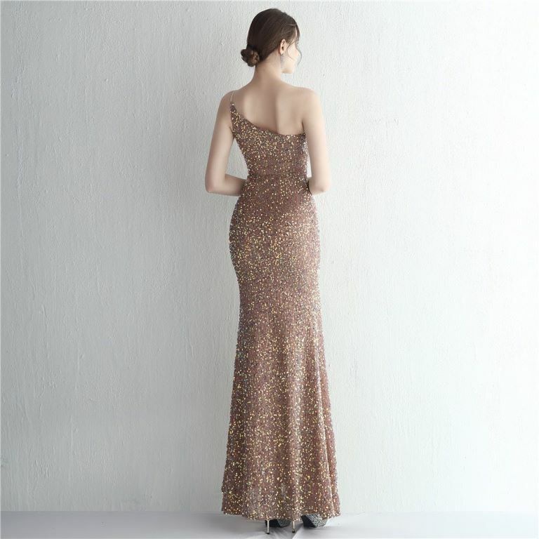 One Side Off Shoulder Sequins Slit Evening Gown (Gold) (Made To Order)