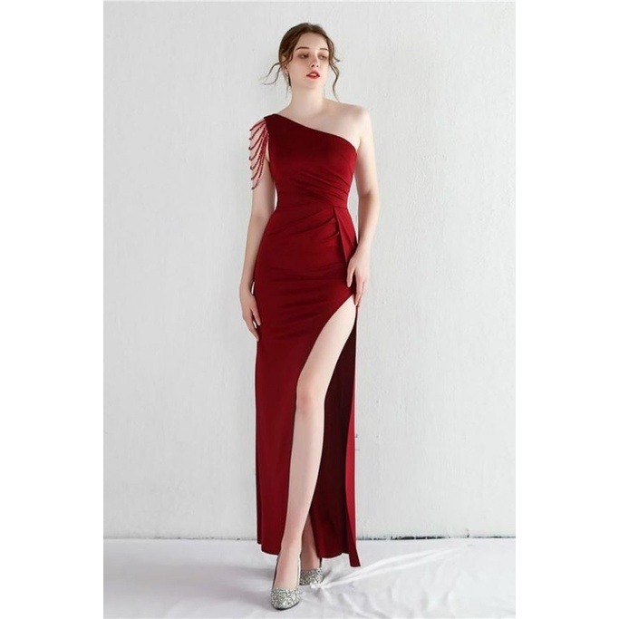 One Side Off Shoulder with Beads Arm Evening Dress (Maroon) (Made To Order)