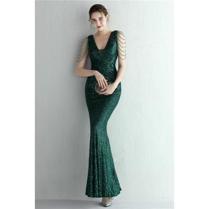 Illusion V-Neck Folded Waist Evening Gown (Green) (Made To Order)