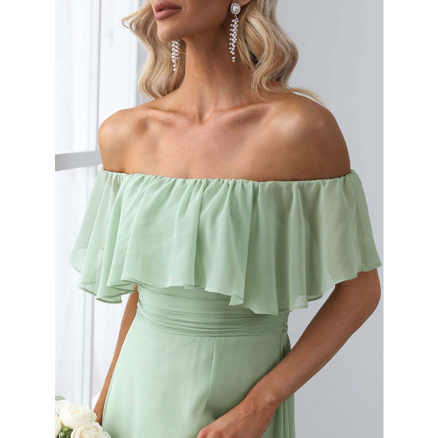 Off Shoulder Sleeveless Split Long Evening Dress (Mint) (Made To Order)