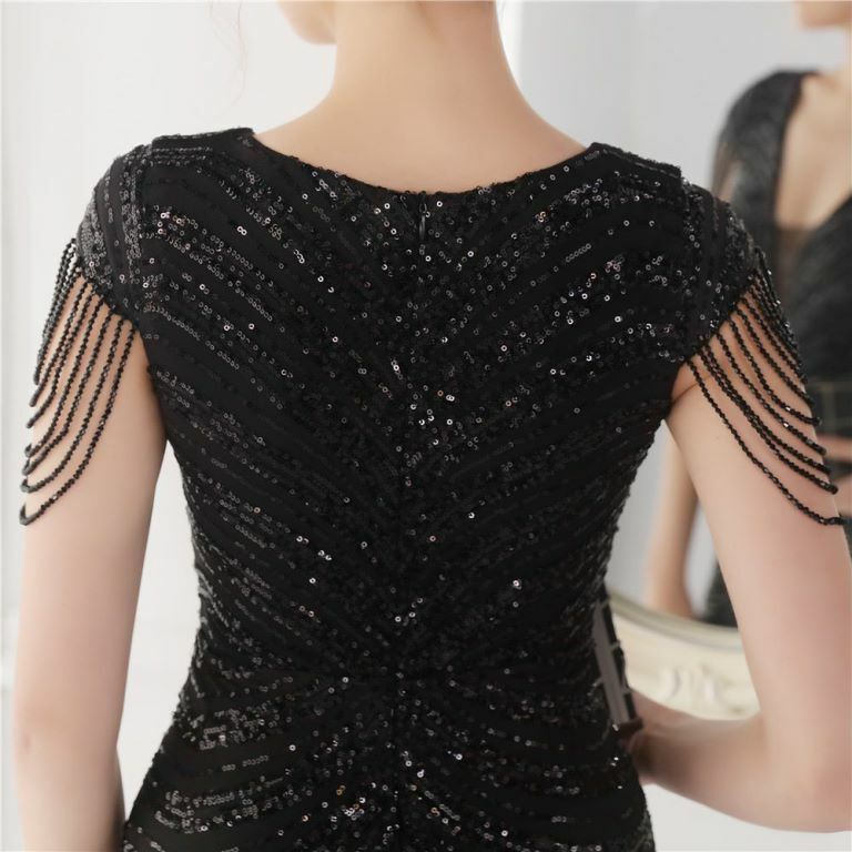 Illusion V-Neck Sequins with Beads Mermaid Evening Gown (Black) (Made To Order)