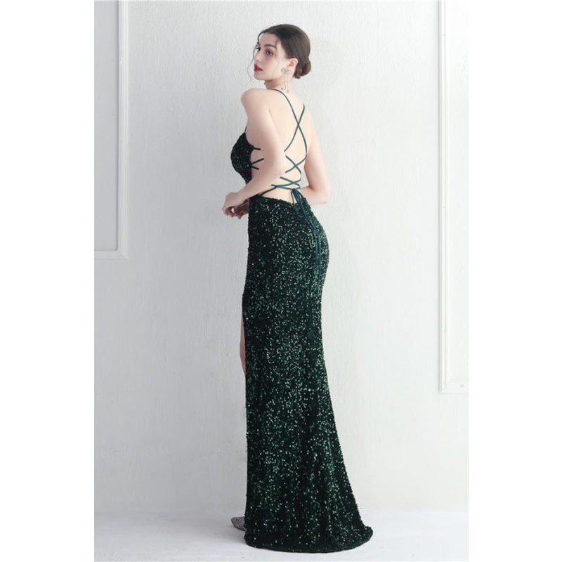 Back Cross String Sequins With Slit Evening Gown (Green) (Made To Order)