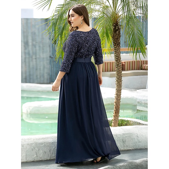 Half Sleeves Sequins A-Line Evening Gown (Navy Blue) (Made To Order)