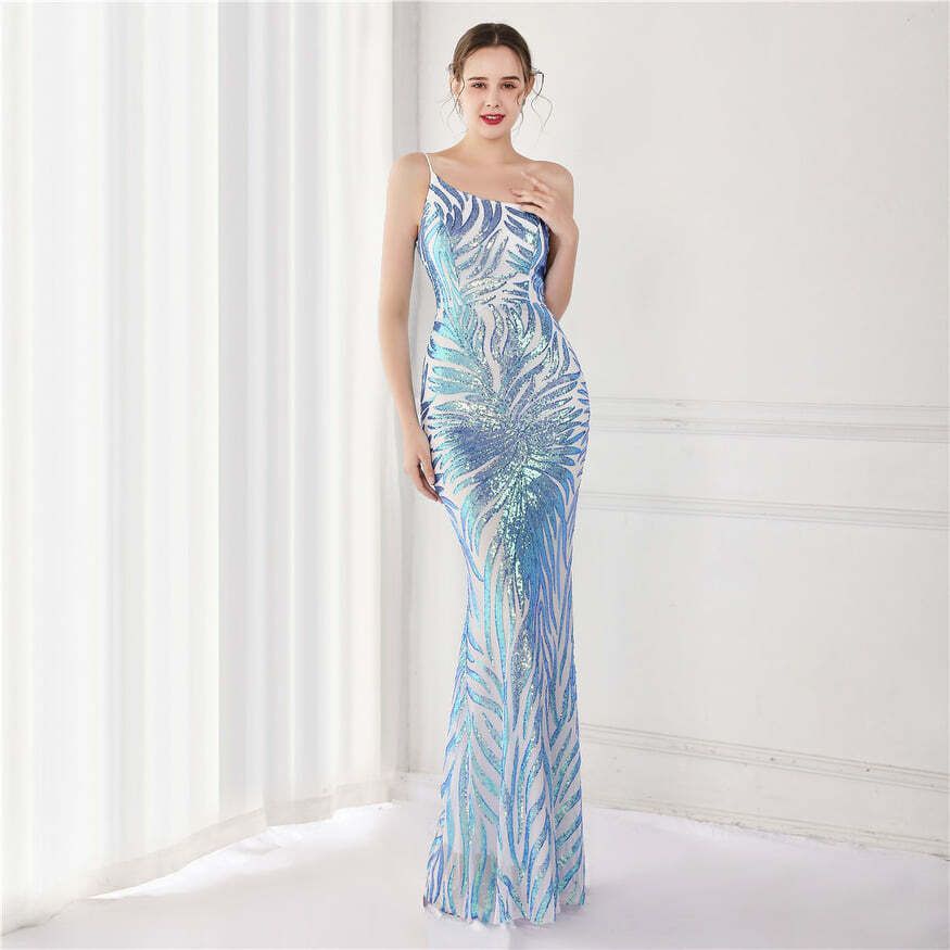 One Side Sling Shoulder Sequins Mermaid Gown (Blue) (Retail)