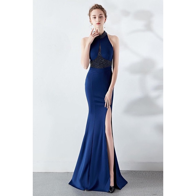 Halter Beads Mermaid Slim Evening Gown (Navy Blue) (Made To Order)