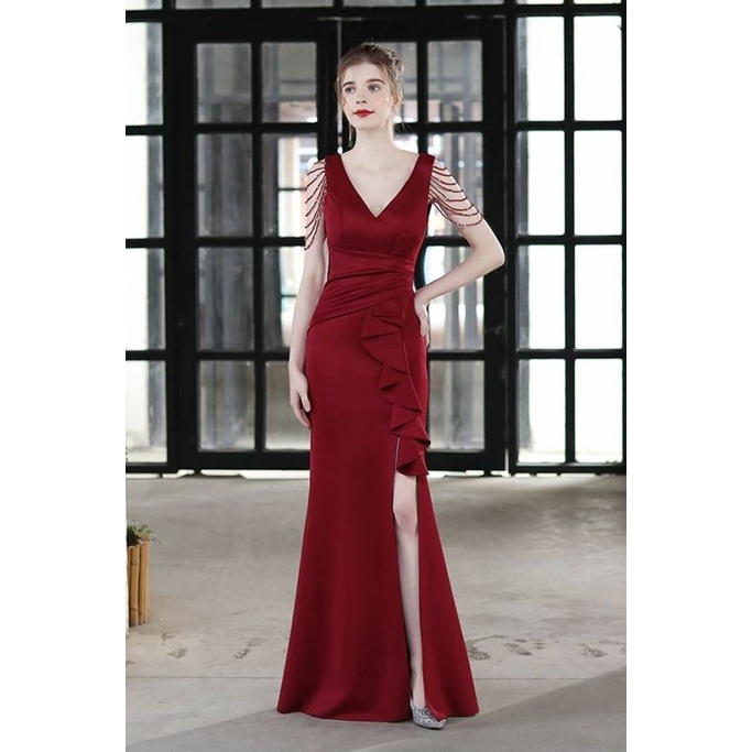 Beads Sleeve V-Neck Ruffles One Side Fitted Dinner Gown (Maroon) (Retail)