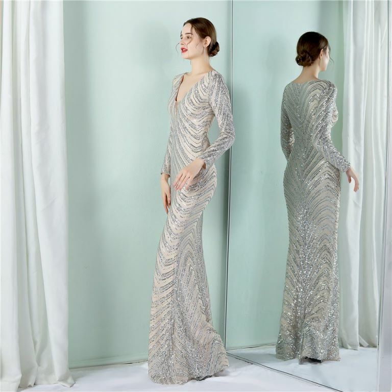 Long Sleeve Sequins Mermaid Evening Gown (Silver) (Made To Order)