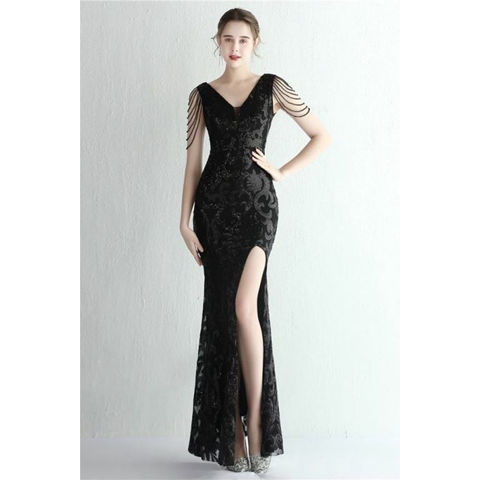 Fashion Crystal Sequins Pattern Evening Gown (Black) (Made To Order)