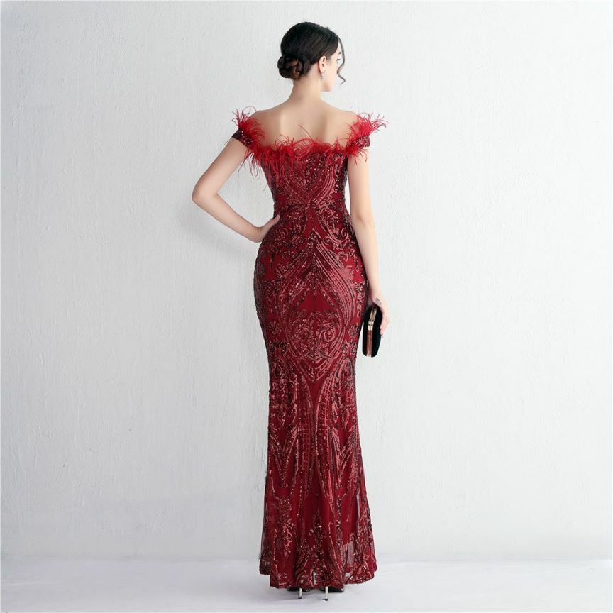Elegant Off Shoulder Feather Mermaid Evening Gown (Maroon) (Made To Order)