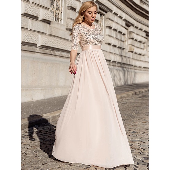 Half Sleeves Sequins A-Line Evening Gown (Gold) (Made To Order)