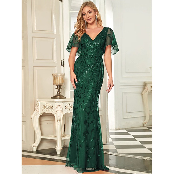 V Neck Leaf-Sequined Fishtail Evening Gown (Green) (Retail)