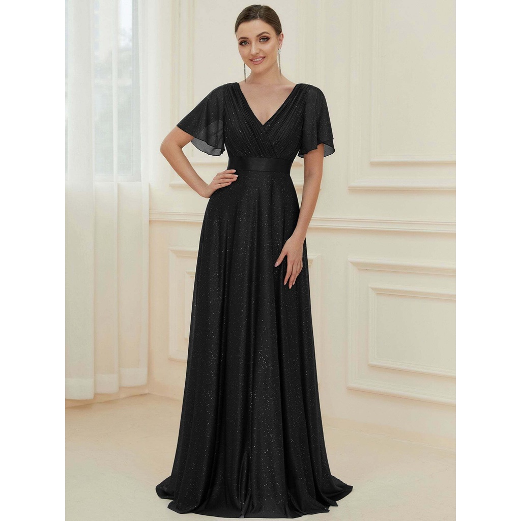 Deep V Neck Ruffles Sleeve A Line Evening Gown (Black) (Retail)