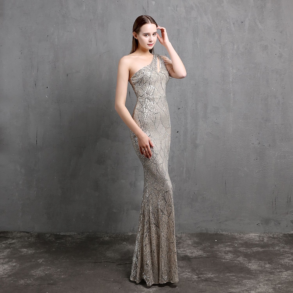 One Side Off Shoulder with Crystal Beads Sleeve Mermaid Evening Gown (Silver) (Made To Order)