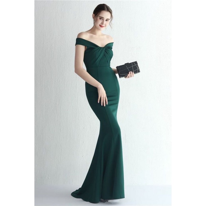 Off Shoulder Twist Slim Mermaid Long Evening Gown (Green) (Made To Order)