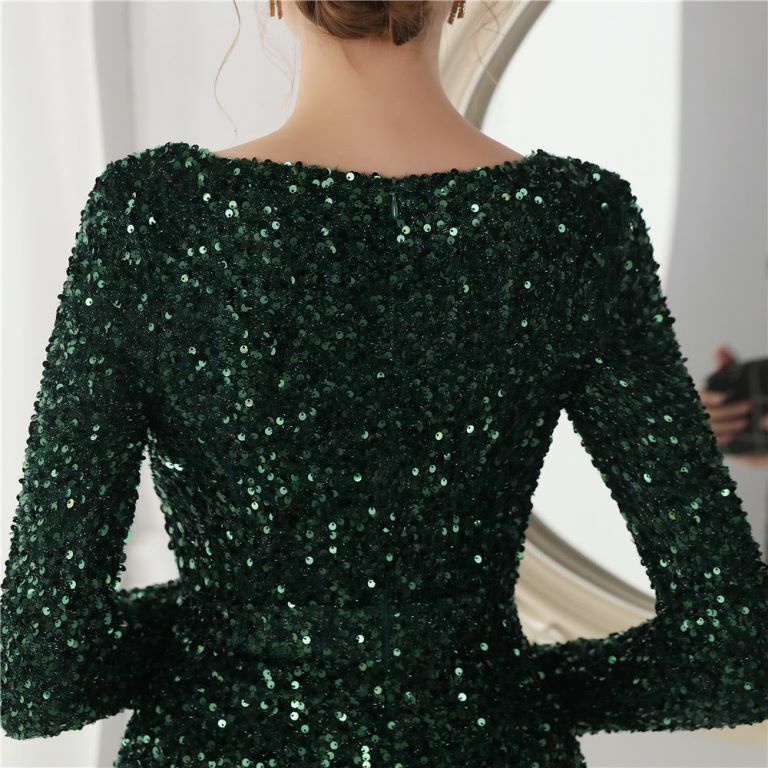 Long Sleeve Illusion V-Neck Evening Gowns (Green) (Made To Order)