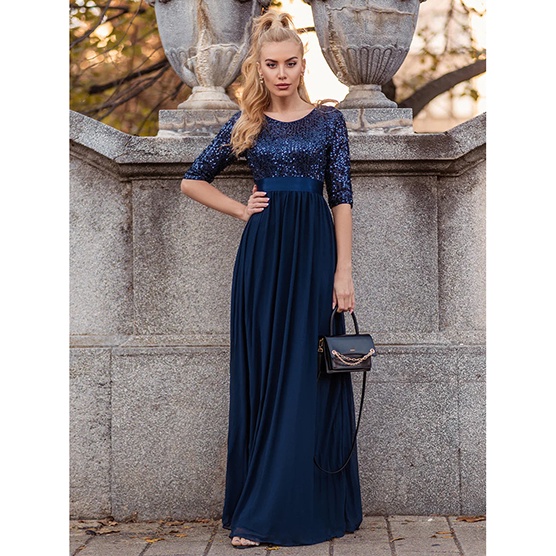 Half Sleeves Sequins A-Line Evening Gown (Navy Blue) (Made To Order)