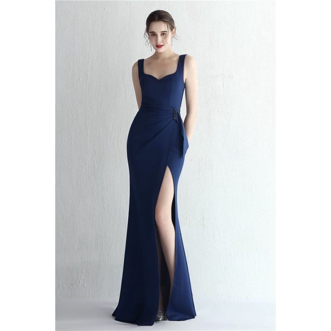 Sweetheart Overlap Slit Evening Gown (Navy Blue) (Made To Order)