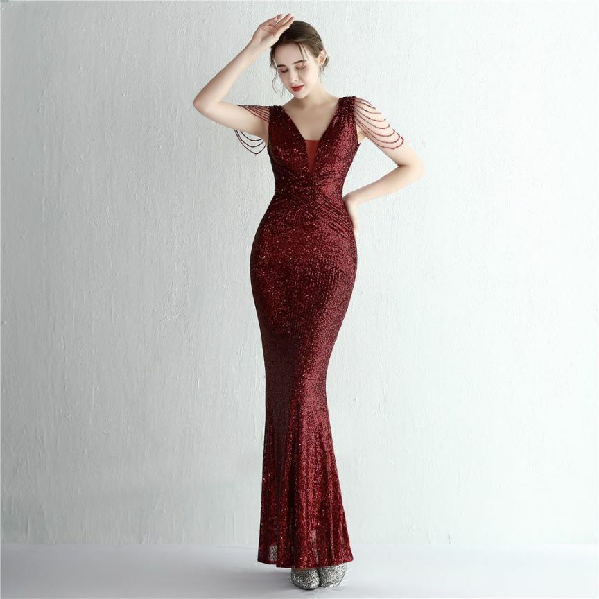 Illusion V-Neck Folded Waist Evening Gown (Maroon) (Made To Order)