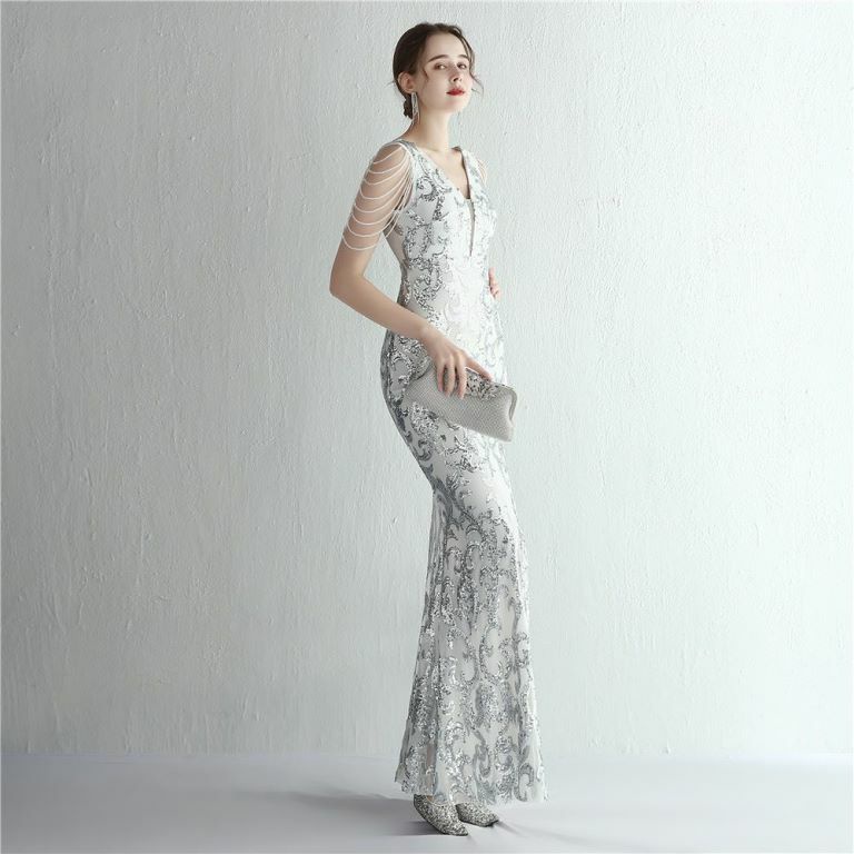 Fashion Crystal Sequins Pattern Evening Gown (Silver) (Made To Order)