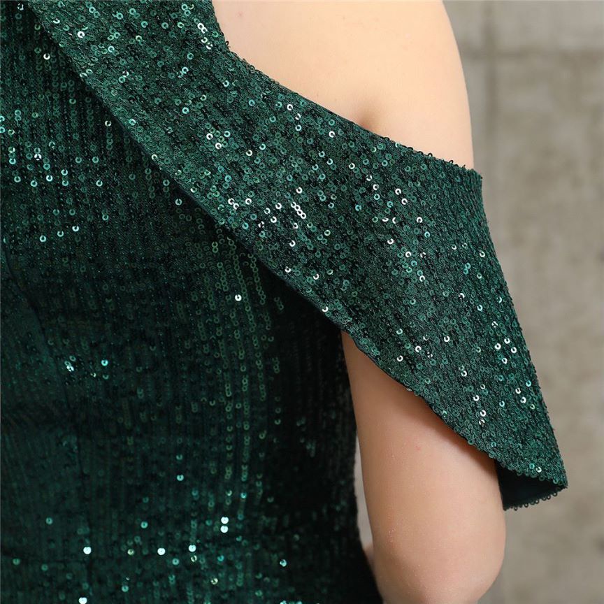 Cold Shoulder Sequins Mermaid Evening Gown (Green) (Made To Order)