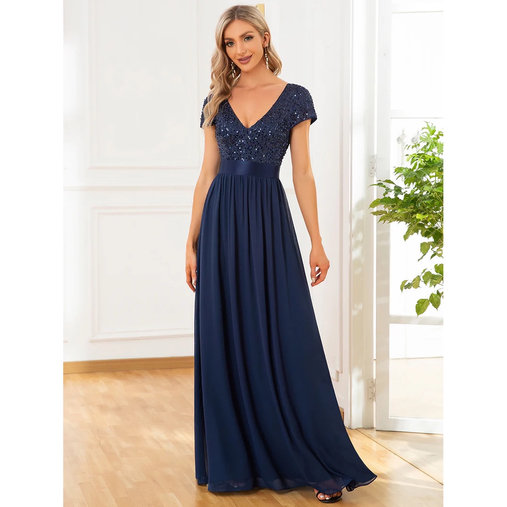 Short Sleeves Sequins A-Line Evening Gown (Navy Blue) (Made To Order)