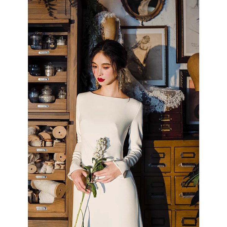 Long Sleeve Solid White Plain A Line ROM Gown (Retail)