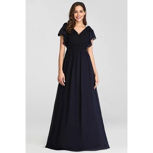 Ruffles V-Neck Chiffon Long Dress (Navy Blue) (Made To Order)
