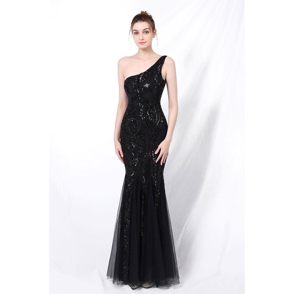 One Side Shoulder Sequins Mermaid Evening Gown (Black) (Made To Order)