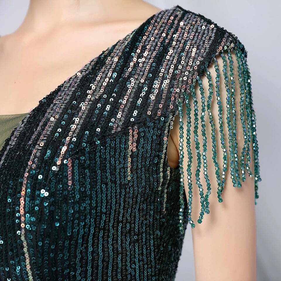Short Sleeve Sequins Fitted Evening Gown (Green) (Made To Order)