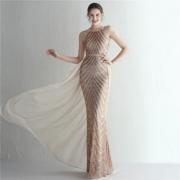 Halter Sequins with Cape Skirt in Mermaid Style Evening Gowns (Gold) (Made To Order)