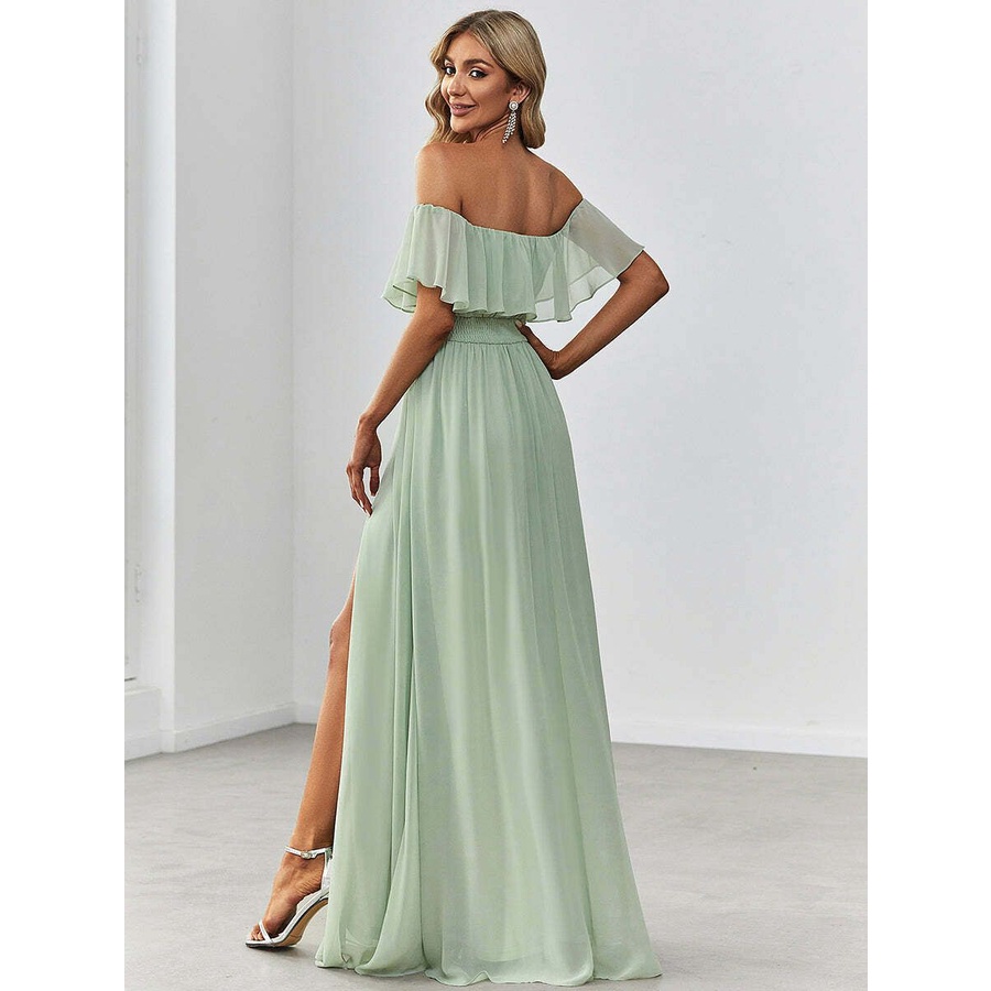 Off Shoulder Sleeveless Split Long Evening Dress (Mint) (Made To Order)